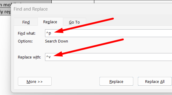red arrows respectively pointing to ^p in the “Find what field” and ^v in the “Replace with” field